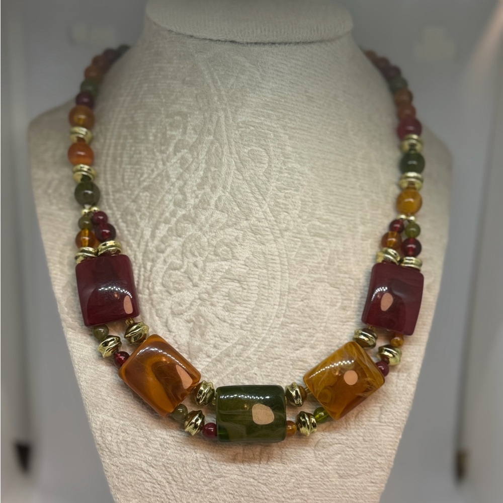 Chunky Multicolor Acrylic Bead Statement Necklace Gold Tone Spacers